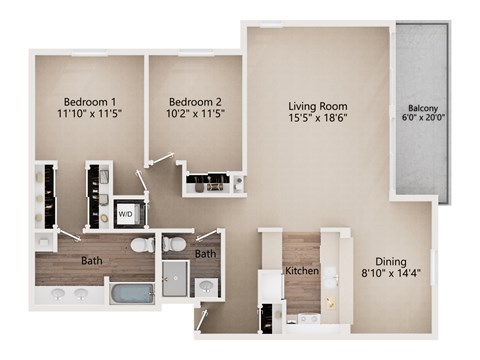 Floor plan for 2 beds, 2 baths, 1201 sqft